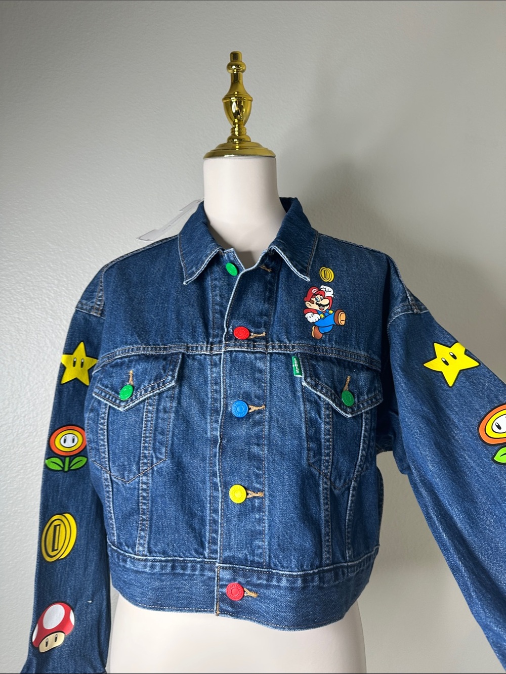 Levi's NWT Blue Denim Kids Jacket with Colorful Super Mario Patchesv